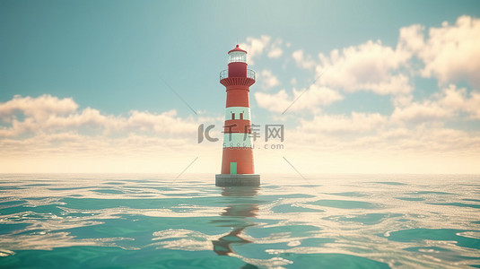雄伟的灯塔矗立在海洋中，映衬着通过 3D 渲染创建的辉煌蓝天