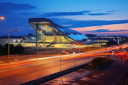 跑道背景图片_该建筑位于傍晚机场前的一座城市
