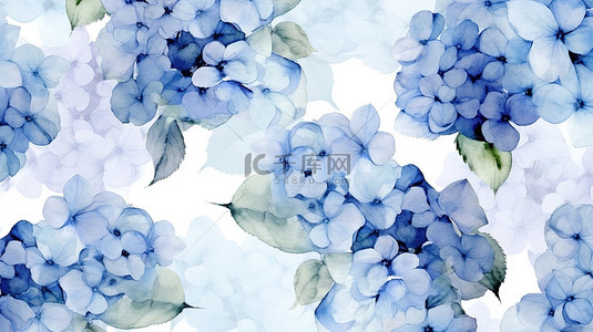 柔和的蓝色绣球花水彩无缝打印与 3D 渲染