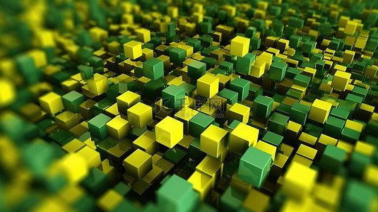 终极背景图片_飞行的绿色和黄色哑光立方体的 3D 渲染背景是技术和网络开发企业的终极人工智能数据保护概念