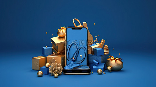 海洋市场背景图片_蓝色礼物海洋中手机的金色 3D 渲染