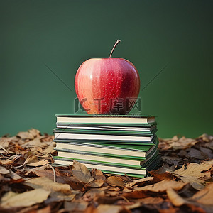一堆书上的一个苹果