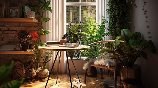 盆栽植物背景图片_窗边舒适的用餐和阅读角落装饰着充满活力的盆栽植物 3D 渲染