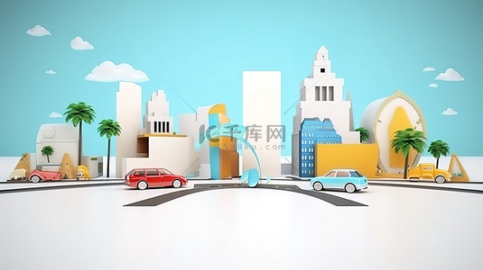 公路背景图片_以公路旅行和度假立方体的 3D 插图为特色的独立广告
