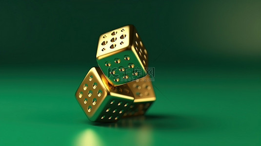 拉斯绿色背景图片_赌场中闪亮的金色骰子，绿色背景 3D 渲染图像，用于赌博概念