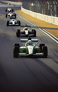 四辆赛车在赛道上加速