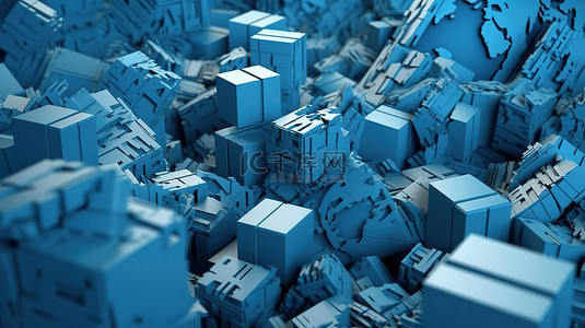 地球运输背景图片_以亚洲为中心的 3d 地球渲染和一堆蓝色阴影纸板箱