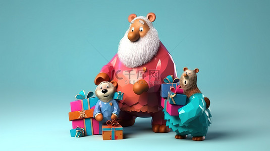 新年礼物背景图片_熊爷爷以梦幻般的 3D 插图为成人和儿童带来礼物