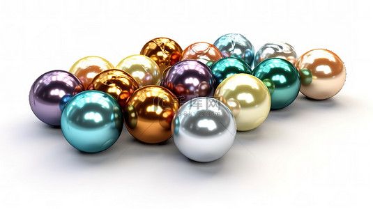 白色背景 3D 隔离中的各种彩色珍珠系列