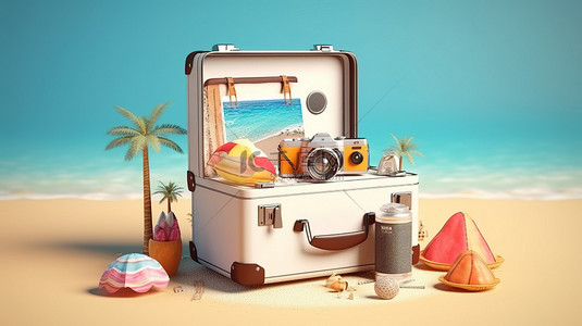 打开行李箱，配有相机和有趣的海滩必需品 3D 渲染的旅行和旅游场景