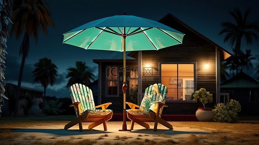 夜间户外休息室木屋背景，配有椅子和雨伞的 3D 插图