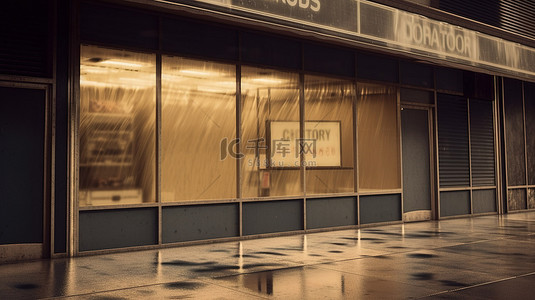 信息牌背景图片_当天关闭 3D 渲染的商店，带有关闭的百叶窗和“抱歉我们关门了”标志