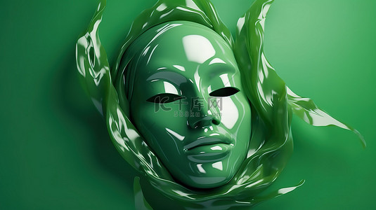 美容绿色背景背景图片_绿色背景上绿色片状面膜的 ​​3d 渲染