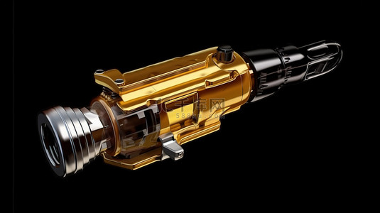 闪闪发光的金色燃油喷射器在 3d 渲染的黑色背景下排放油或纯燃油