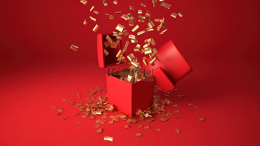 新年豪礼背景图片_带有金丝带蝴蝶结的爆炸性财富红色礼盒在充满活力的红色背景 3d 渲染上爆裂着硬币