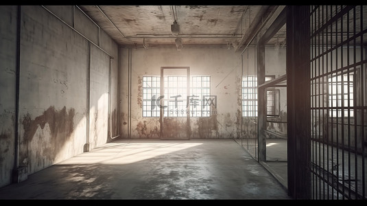 灯光照明背景图片_监禁 3D 渲染的牢房内部视图，带有灯光照明的铁栅窗