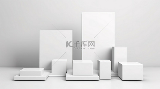 产品展台背景图片_白色背景的 3D 渲染与逼真的立方体讲台几何空白产品展台和博物馆画廊的展览展示
