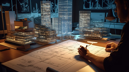 专业人士坐在办公桌前检查建筑和工程蓝图，同时评估高层建筑的 3D 渲染图
