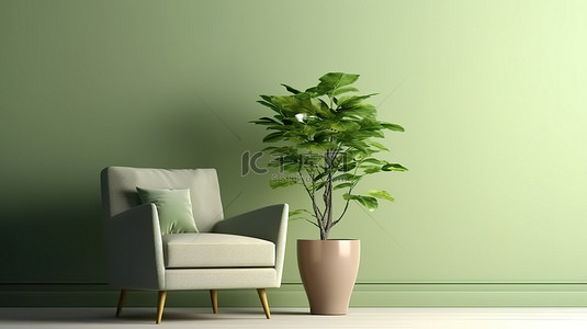 带 3D 渲染室内绿色椅子和植物的空墙