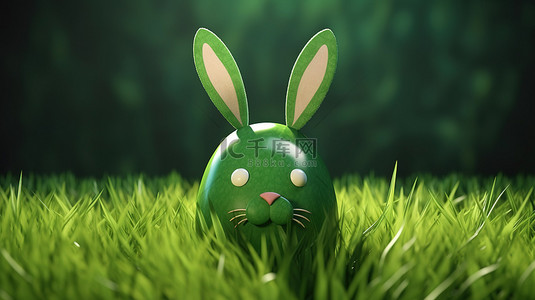 兔子耳朵背景图片_复活节快乐，一个 CGI 绿蛋，兔子耳朵躺在茂密的草地上