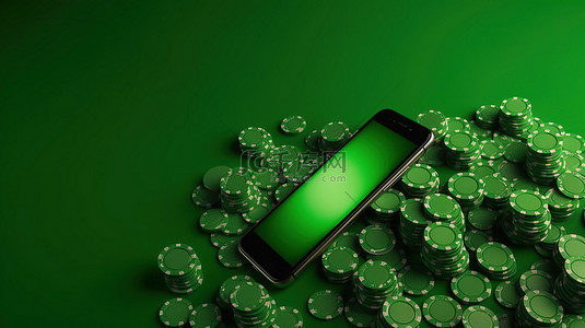 3D 渲染在线赌场赌博，筹码排列在绿色背景上，并带有空白手机屏幕