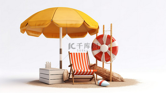 纯白色背景上栩栩如生的木板，配有海滩配件，包括伞椅和救生圈