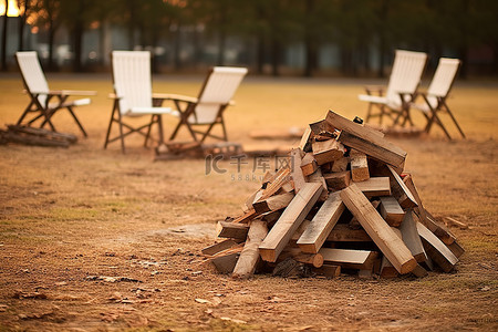 柴烧背景图片_带长凳和椅子的木质烧焦篝火