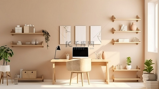 简约电脑样机背景图片_时尚舒适的简约家庭办公室，采用斯堪的纳维亚风格内饰，配有 3D 电脑模型