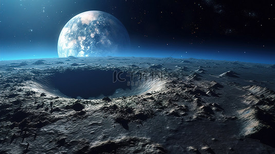 蓝色地球和星空前的月球陨石坑的 3D 渲染