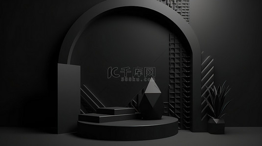 产品介绍背景图片_产品展示抽象背景上黑色几何讲台的高质量 3D 渲染