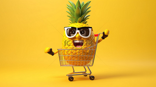时髦菠萝是一个俏皮的卡通吉祥物，黄色背景上有购物车