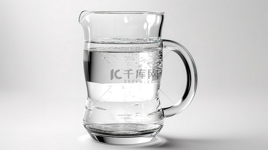 3D 渲染白色背景中水晶般清澈的水填充玻璃壶