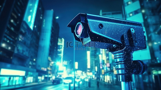 城市街道夜景背景图片_3D 渲染闭路电视摄像机捕捉城市街道的夜景