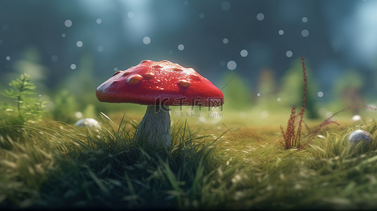 雾蒙蒙的草地中红色蘑菇的 3d 渲染