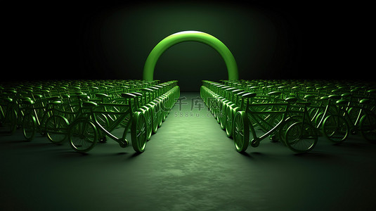 3d 中描绘的绿色自行车的半圆形排列