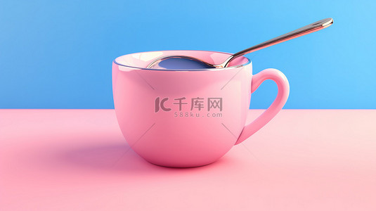 可爱字体背景图片_粉红色背景，双色调蓝色咖啡杯和勺子以 3D 渲染