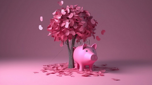 储蓄背景图片_金钱树的 3d 插图，硬币掉落，底部有一个粉红色的存钱罐，以储蓄为主题