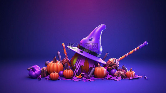 帽子卡通背景图片_怪异的万圣节快乐女巫帽子蜘蛛彩色糖果和扫帚在紫色背景经典十月节日 3d