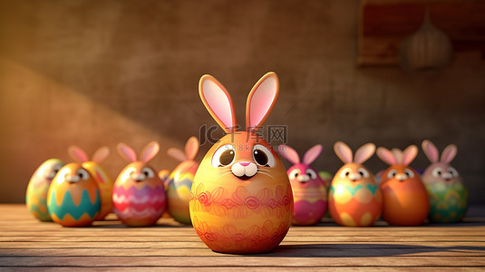 复活节彩蛋的 3D 插图隐藏隐藏的兔子耳朵，并具有充足的复制空间