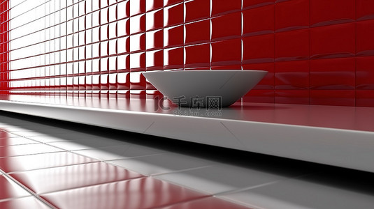 时尚背景背景图片_时尚的红色单色厨房柜台，带马赛克墙，特写 3D 渲染
