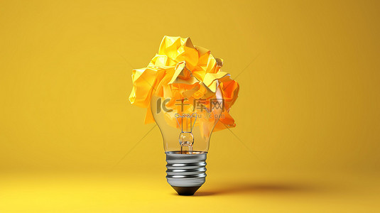 创新灯泡背景图片_黄色表面灯泡和废纸的创新概念渲染