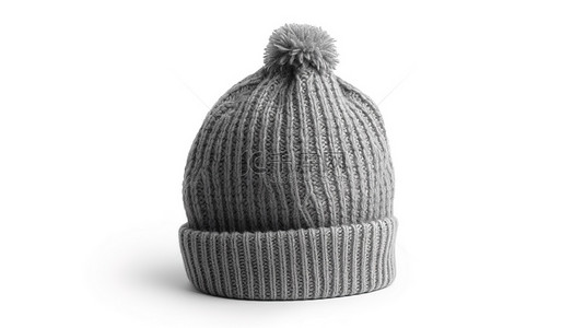帽子样机背景图片_白色背景样机 3D 渲染冬季就绪灰色针织无檐小便帽，带设计空间