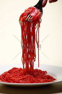 叉子伸进一些滴着红色食物的意大利面
