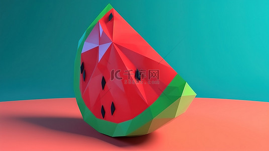 红色和绿色卡通风格低聚西瓜的蓝色 3D 渲染