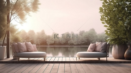 室外露台令人惊叹的 3D 渲染，可欣赏宁静的大坝景观和简约的座椅