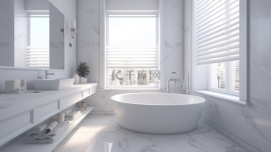 白色大理石浴室的 3D 插图，配有浴缸水槽和日光窗，设计完美