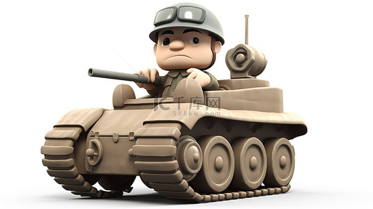 坦克卡通背景图片_隔离在白色背景与剪切路径 3d 卡通士兵飞行员演习坦克
