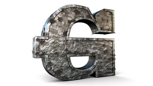 白色背景上大写字母 g 的粗糙金属质感枪金属 3d 字体渲染