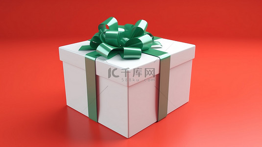 红色背景下的 3D 绿色蝴蝶结白色礼品盒