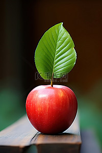 一片绿叶背景图片_木块顶部有一个红苹果，上面有一片绿叶